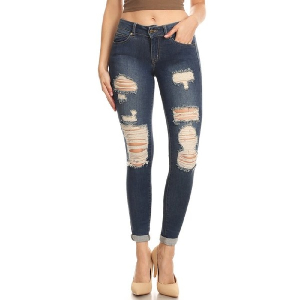 New Destroyed Mid Rise Blue Jean